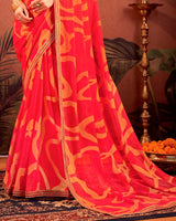 Vishal Prints Lava Red Designer Chiffon-Brasso Traditional Print Saree With Fancy Embroidery Border