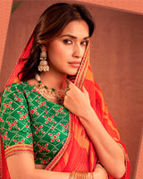 Vishal Prints Lava Red Designer Chiffon-Brasso Traditional Print Saree With Fancy Embroidery Border