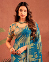 Vishal Prints Kashmir Blue Designer Chiffon-Brasso Traditional Print Saree With Fancy Embroidery Border