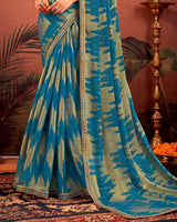 Vishal Prints Kashmir Blue Designer Chiffon-Brasso Traditional Print Saree With Fancy Embroidery Border