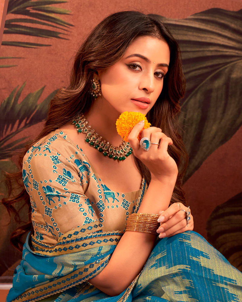 Vishal Prints Kashmir Blue Designer Chiffon-Brasso Traditional Print Saree With Fancy Embroidery Border