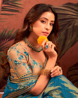 Vishal Prints Kashmir Blue Designer Chiffon-Brasso Traditional Print Saree With Fancy Embroidery Border