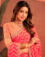 Vishal Prints Deep Carmine Pink Designer Chiffon-Brasso Traditional Print Saree With Fancy Embroidery Border