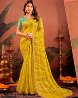 Vishal Prints Yellow Ochre Designer Chiffon-Brasso Traditional Print Saree With Fancy Embroidery Border