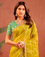 Vishal Prints Yellow Ochre Designer Chiffon-Brasso Traditional Print Saree With Fancy Embroidery Border