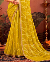Vishal Prints Yellow Ochre Designer Chiffon-Brasso Traditional Print Saree With Fancy Embroidery Border