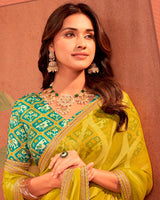 Vishal Prints Yellow Ochre Designer Chiffon-Brasso Traditional Print Saree With Fancy Embroidery Border