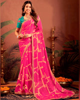 Vishal Prints Dark Hot Pink Designer Chiffon-Brasso Traditional Print Saree With Fancy Embroidery Border