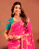 Vishal Prints Dark Hot Pink Designer Chiffon-Brasso Traditional Print Saree With Fancy Embroidery Border
