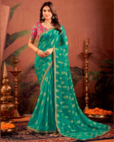 Vishal Prints Dark Aquamarine Green Designer Chiffon-Brasso Traditional Print Saree With Fancy Embroidery Border