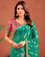 Vishal Prints Dark Aquamarine Green Designer Chiffon-Brasso Traditional Print Saree With Fancy Embroidery Border