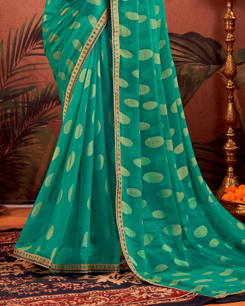 Vishal Prints Dark Aquamarine Green Designer Chiffon-Brasso Traditional Print Saree With Fancy Embroidery Border