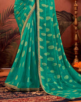 Vishal Prints Dark Aquamarine Green Designer Chiffon-Brasso Traditional Print Saree With Fancy Embroidery Border