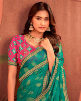 Vishal Prints Dark Aquamarine Green Designer Chiffon-Brasso Traditional Print Saree With Fancy Embroidery Border