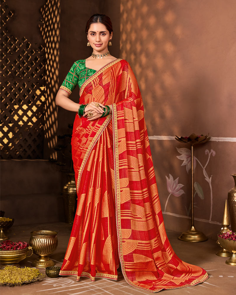 Vishal Prints Chili Red Designer Chiffon-Brasso Saree With Fancy Border