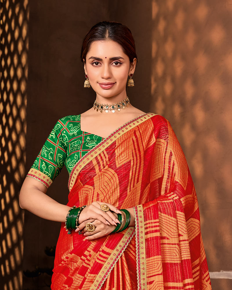 Vishal Prints Chili Red Designer Chiffon-Brasso Saree With Fancy Border