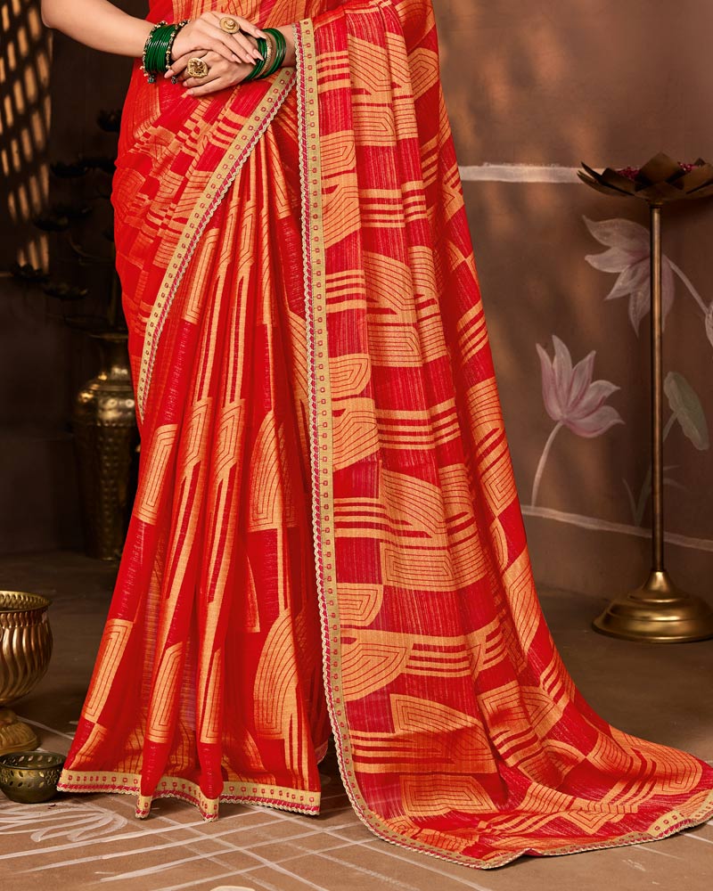 Vishal Prints Chili Red Designer Chiffon-Brasso Saree With Fancy Border