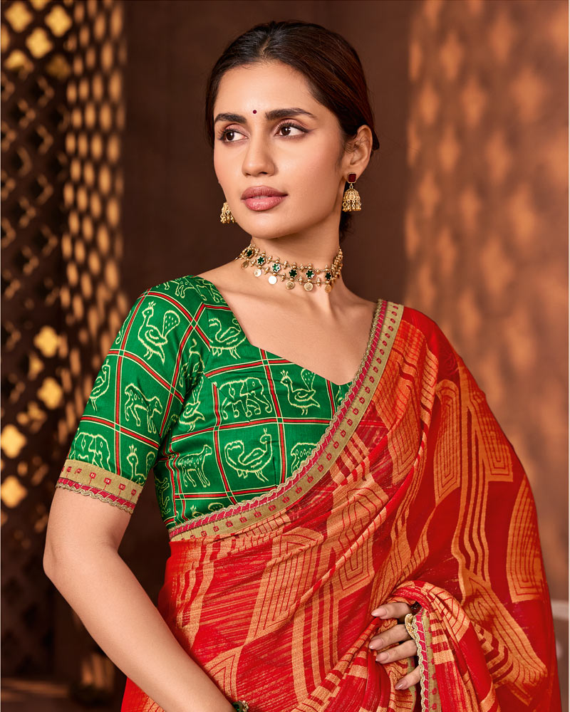 Vishal Prints Chili Red Designer Chiffon-Brasso Saree With Fancy Border