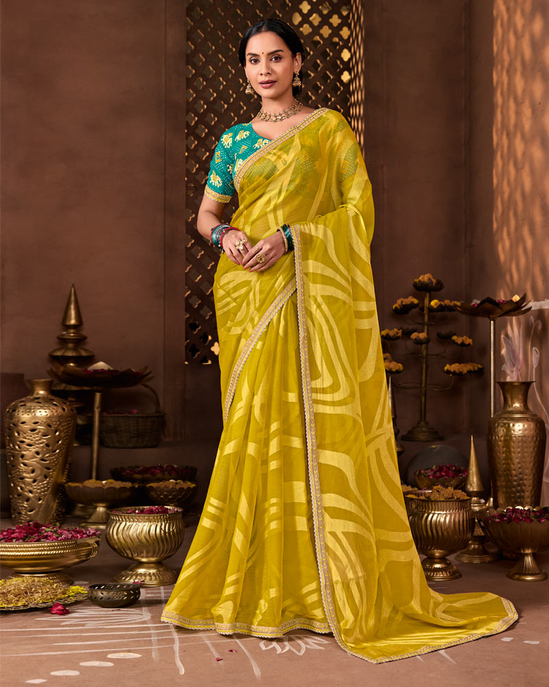 Vishal Prints Lime Yellow Designer Chiffon-Brasso Saree With Fancy Border