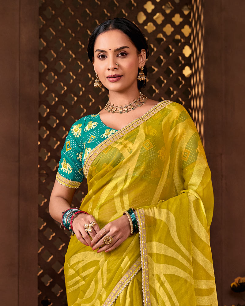 Vishal Prints Lime Yellow Designer Chiffon-Brasso Saree With Fancy Border