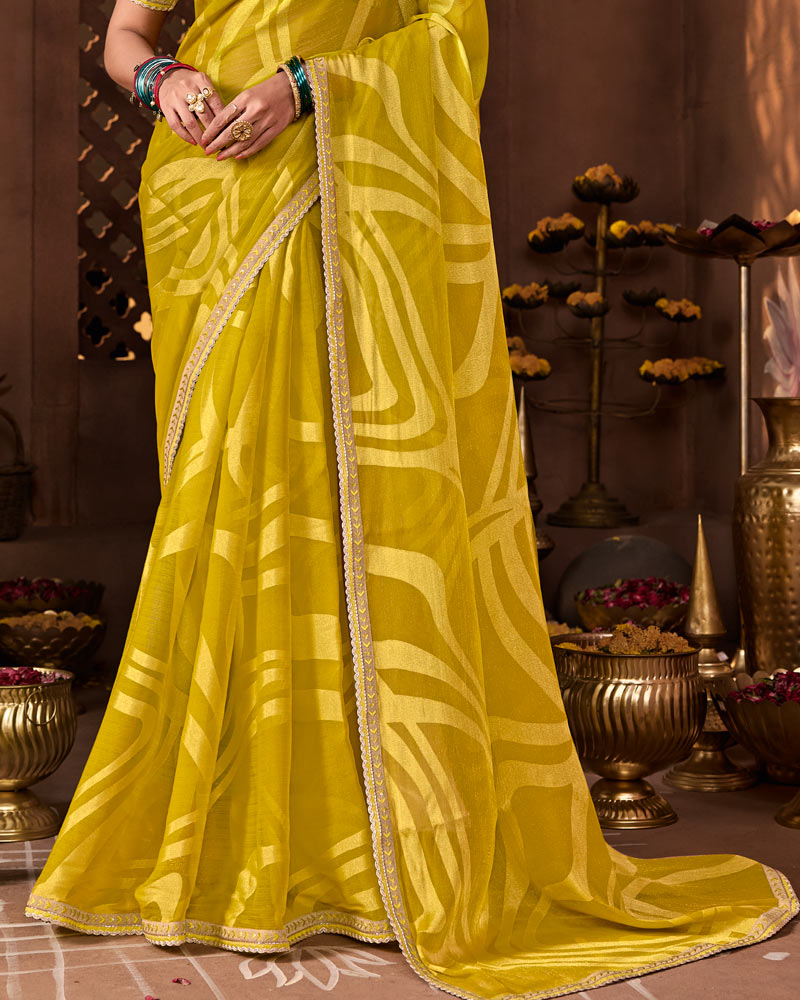 Vishal Prints Lime Yellow Designer Chiffon-Brasso Saree With Fancy Border