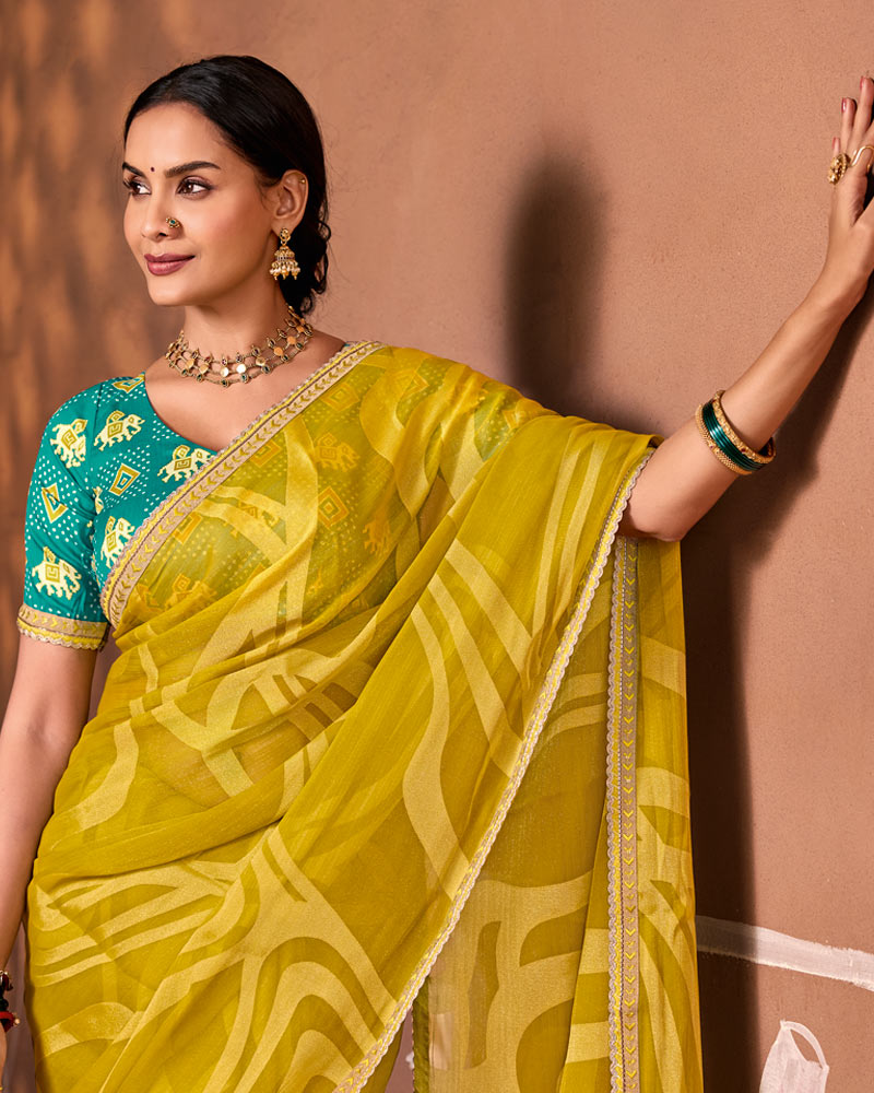 Vishal Prints Lime Yellow Designer Chiffon-Brasso Saree With Fancy Border