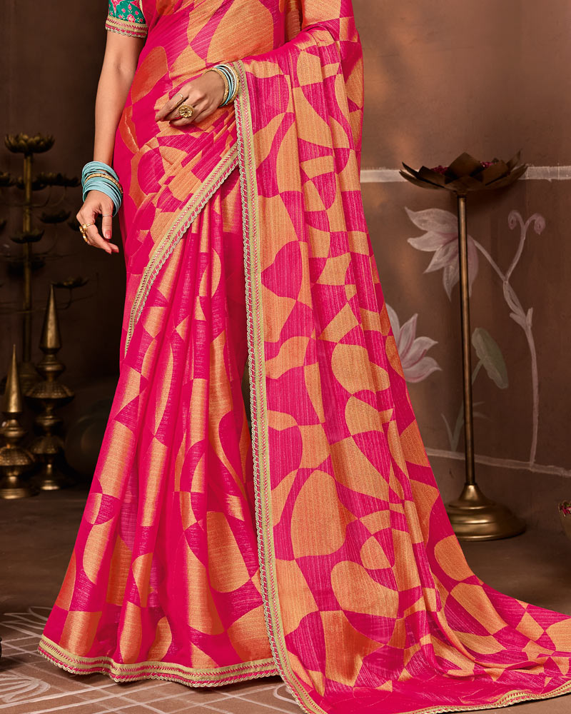 Vishal Prints Deep Rani Designer Chiffon-Brasso Saree With Fancy Border