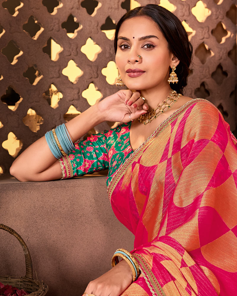 Vishal Prints Deep Rani Designer Chiffon-Brasso Saree With Fancy Border