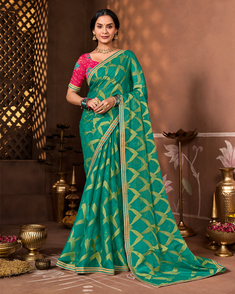 Vishal Prints Teal Green Designer Chiffon-Brasso Saree With Fancy Border