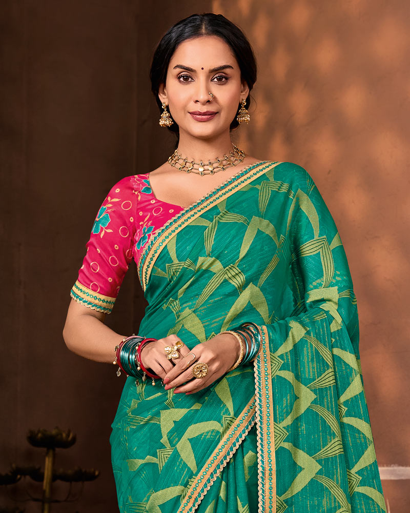 Vishal Prints Teal Green Designer Chiffon-Brasso Saree With Fancy Border