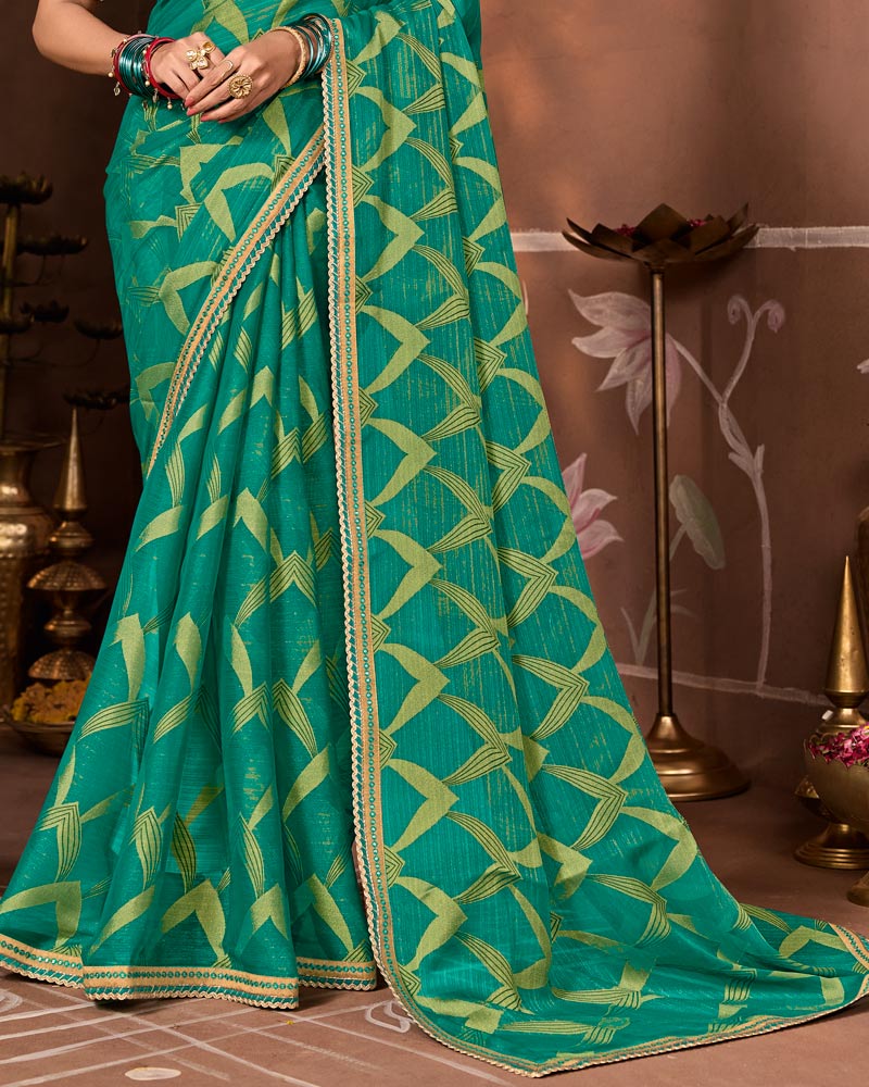 Vishal Prints Teal Green Designer Chiffon-Brasso Saree With Fancy Border