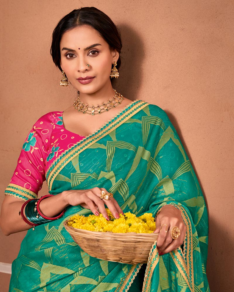 Vishal Prints Teal Green Designer Chiffon-Brasso Saree With Fancy Border