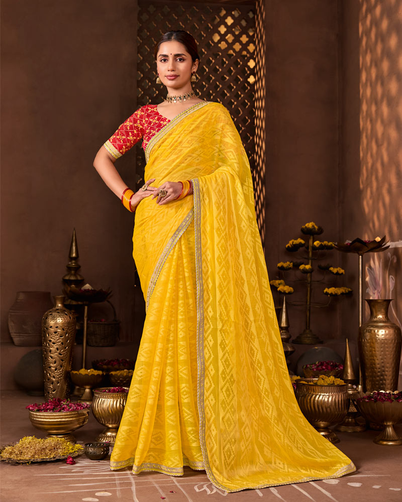 Vishal Prints Bright Yellow Designer Chiffon-Brasso Saree With Fancy Border