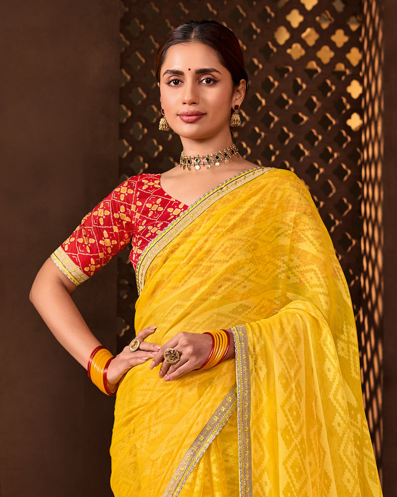 Vishal Prints Bright Yellow Designer Chiffon-Brasso Saree With Fancy Border
