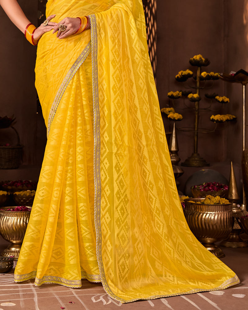 Vishal Prints Bright Yellow Designer Chiffon-Brasso Saree With Fancy Border