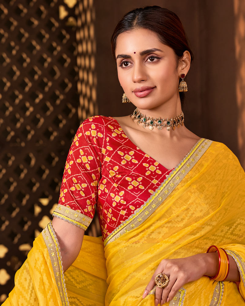 Vishal Prints Bright Yellow Designer Chiffon-Brasso Saree With Fancy Border