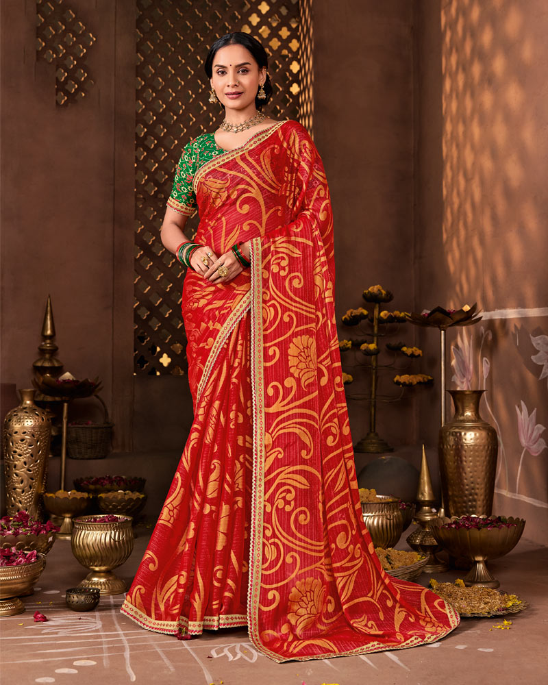 Vishal Prints Sindoori Red Designer Chiffon-Brasso Saree With Fancy Border