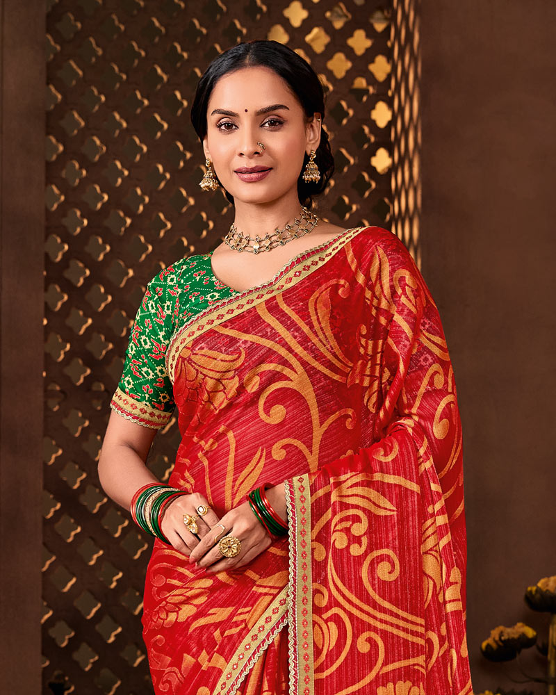 Vishal Prints Sindoori Red Designer Chiffon-Brasso Saree With Fancy Border