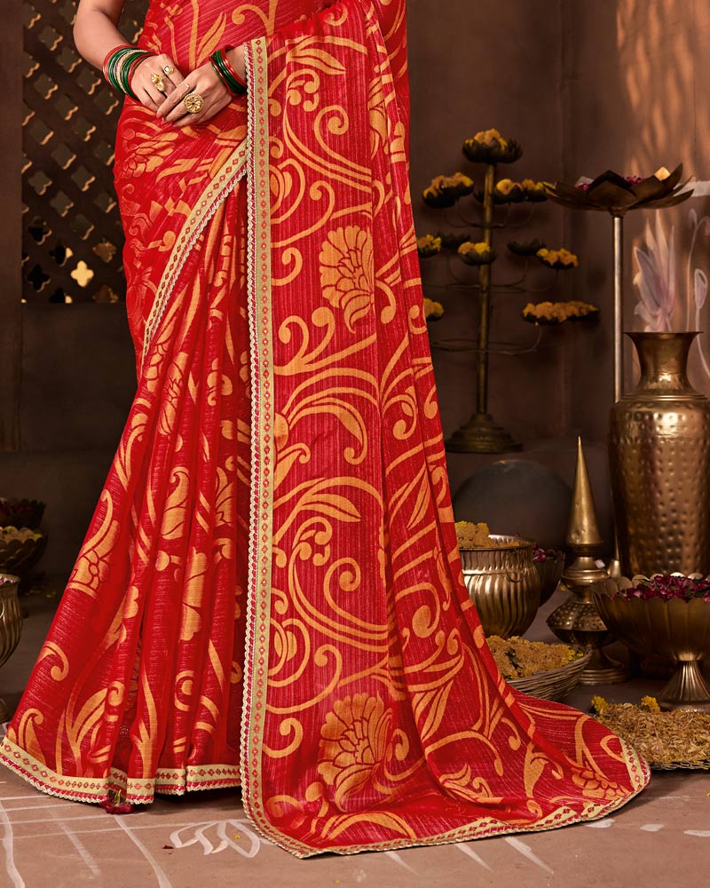 Vishal Prints Sindoori Red Designer Chiffon-Brasso Saree With Fancy Border
