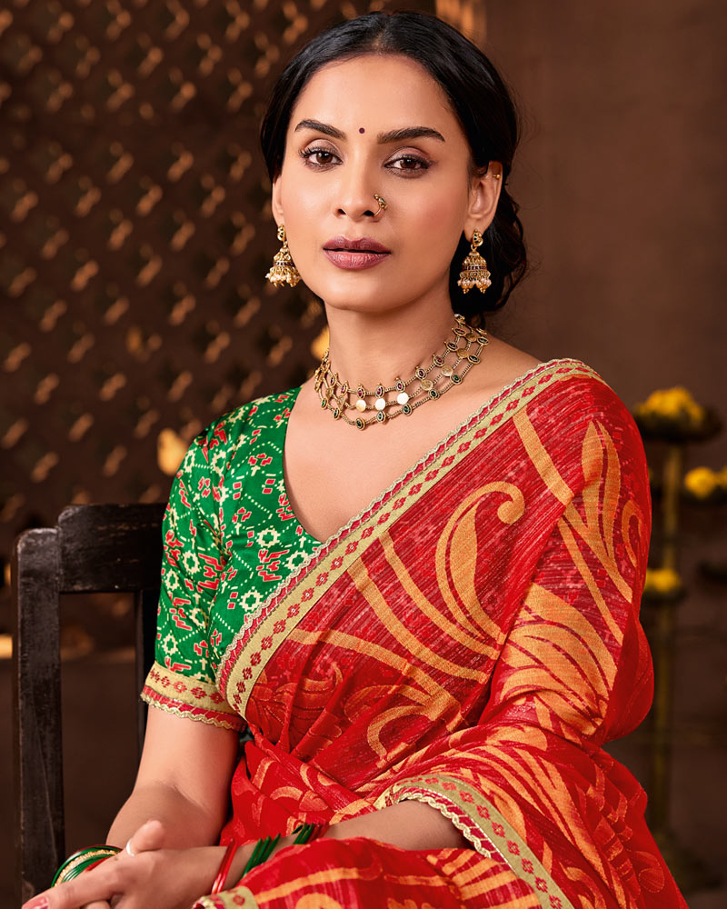 Vishal Prints Sindoori Red Designer Chiffon-Brasso Saree With Fancy Border