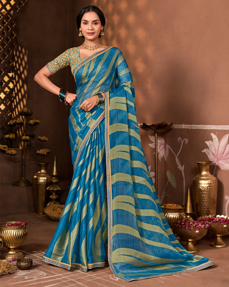 Vishal Prints Dusty Blue Designer Chiffon-Brasso Saree With Fancy Border