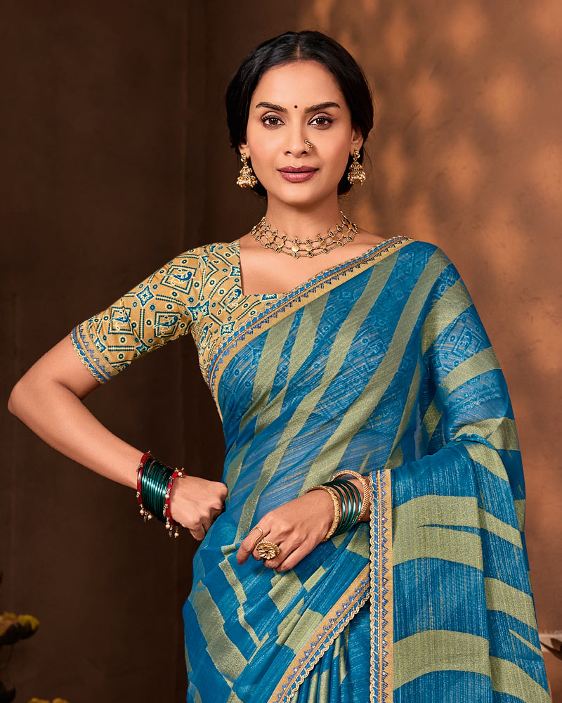 Vishal Prints Dusty Blue Designer Chiffon-Brasso Saree With Fancy Border