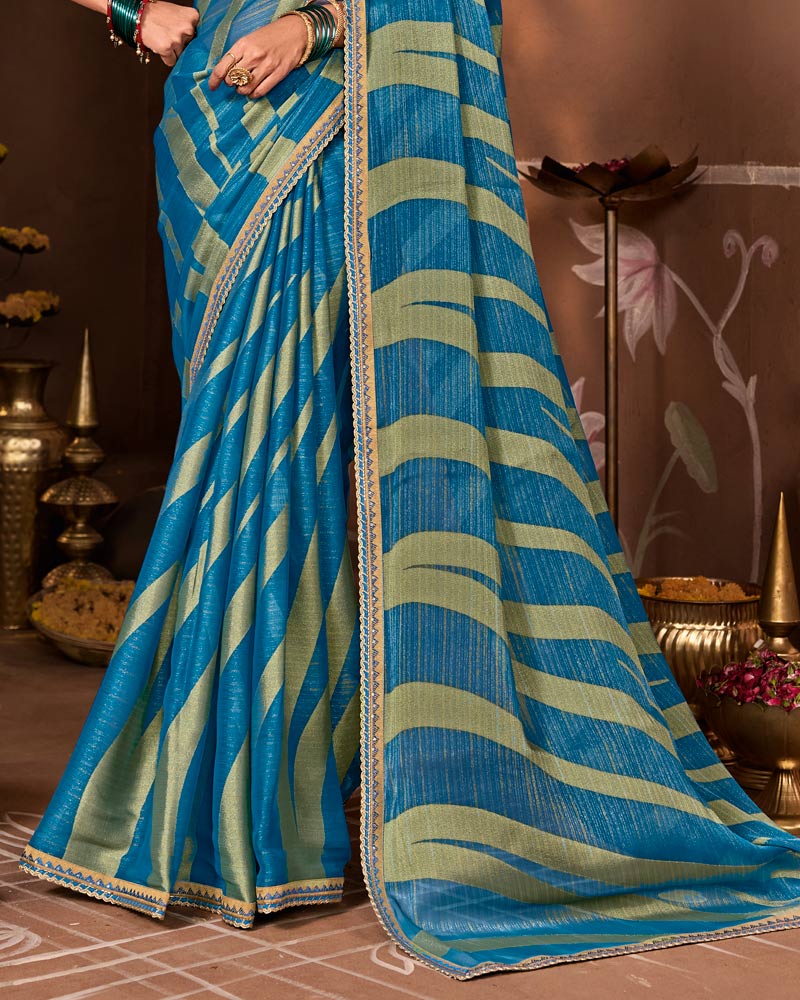 Vishal Prints Dusty Blue Designer Chiffon-Brasso Saree With Fancy Border