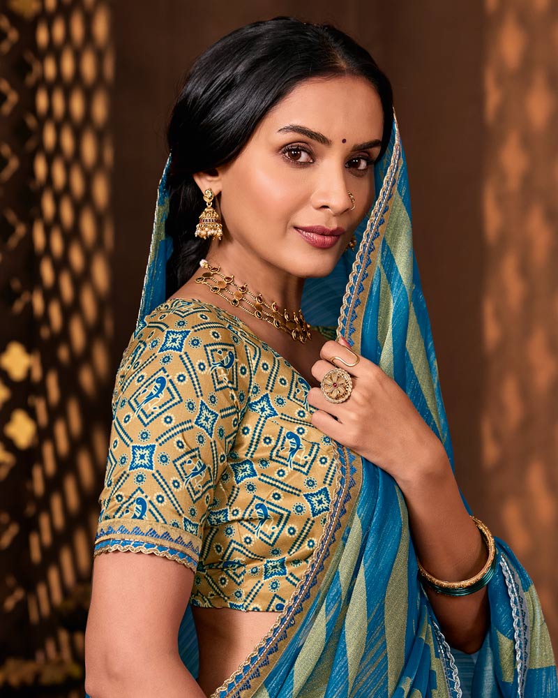 Vishal Prints Dusty Blue Designer Chiffon-Brasso Saree With Fancy Border
