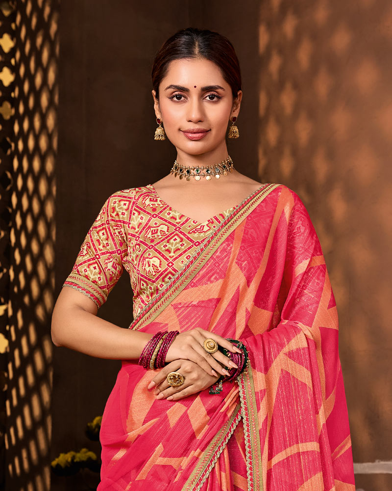Vishal Prints Fuchsia Pink Designer Chiffon-Brasso Saree With Fancy Border