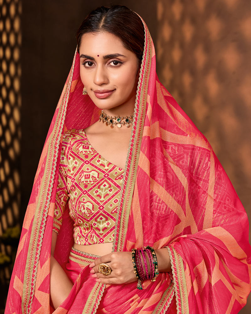 Vishal Prints Fuchsia Pink Designer Chiffon-Brasso Saree With Fancy Border