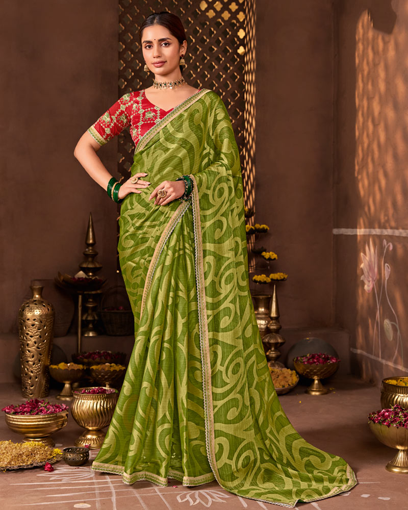 Vishal Prints Mehandi Green Designer Chiffon-Brasso Saree With Fancy Border