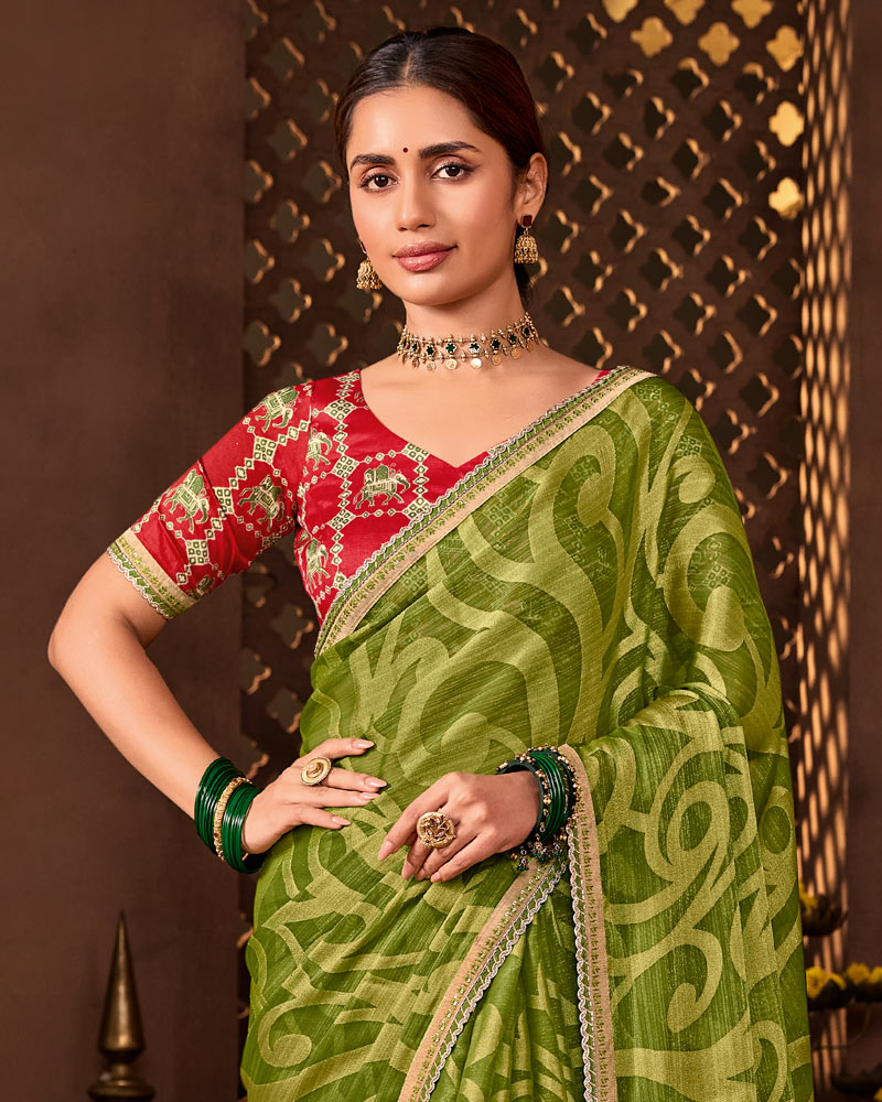 Vishal Prints Mehandi Green Designer Chiffon-Brasso Saree With Fancy Border