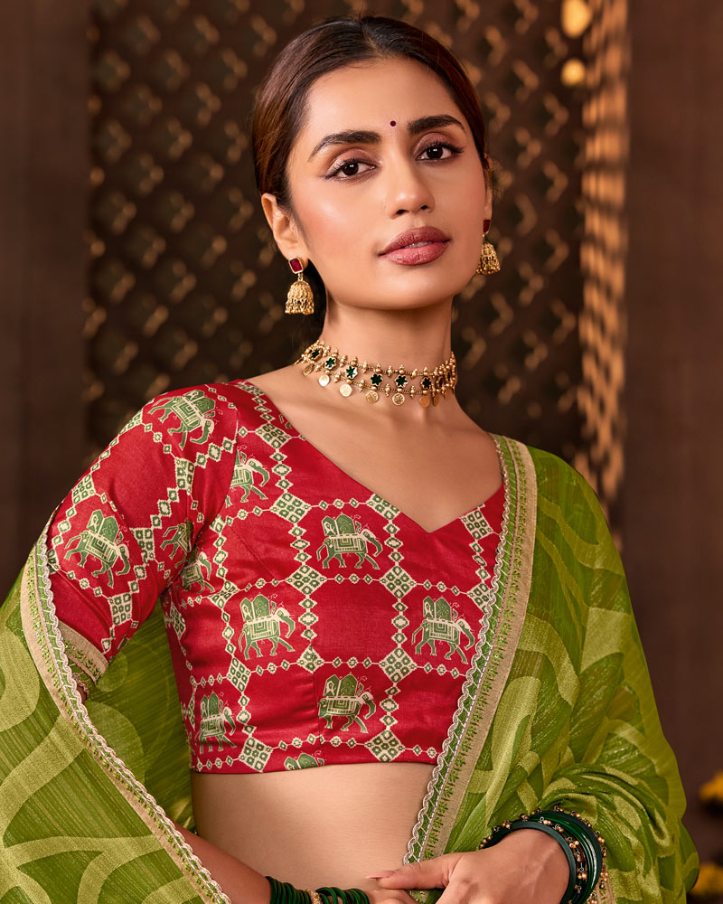 Vishal Prints Mehandi Green Designer Chiffon-Brasso Saree With Fancy Border