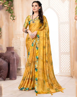 Vishal Prints Mustard Digital Print Patterned Brasso Saree With Weaved Satin Border